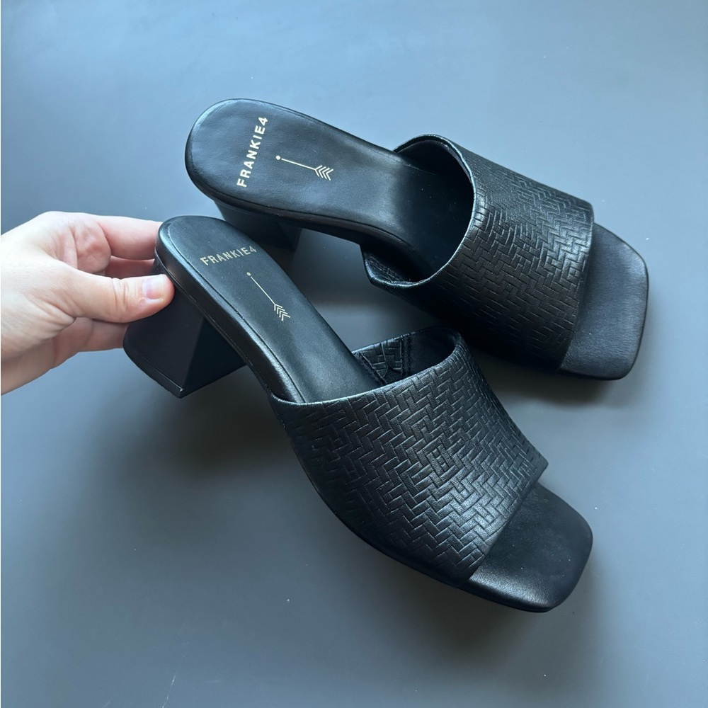 Frankie4 Black Woven Leather Block Heel Mules